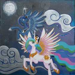 Size: 1280x1270 | Tagged: safe, artist:kerrymairie, princess celestia, princess luna, alicorn, pony, acrylic painting, flying, moon, night, painting, traditional art
