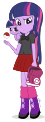 Size: 368x1000 | Tagged: safe, artist:dm29, derpibooru import, twilight sparkle, equestria girls, backpack, crossover, duo, filly, human ponidox, pokéball, pokémon, pony pet, ponymon, simple background, square crossover, transparent background