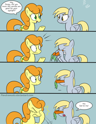 Size: 1024x1325 | Tagged: safe, artist:pandramodo, carrot top, derpy hooves, golden harvest, earth pony, pegasus, pony, ..., asdfmovie, carrot, carrot top is not amused, comic, dialogue, duo, eyes closed, facehoof, food, gritted teeth, open mouth, parody, shrunken pupils, smiling, wide eyes