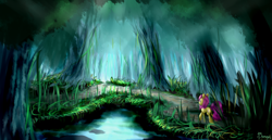 Size: 2900x1500 | Tagged: dead source, safe, artist:shamanguli, fluttershy, pegasus, pony, everfree forest, forest, solo