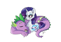 Size: 1024x705 | Tagged: safe, artist:dreamscapevalley, rarity, spike, oc, oc:crystal, dracony, dragon, hybrid, pony, unicorn, bags under eyes, bloodshot eyes, female, insomnia, interspecies offspring, male, offspring, older, parent:rarity, parent:spike, parents:sparity, shipping, sparity, straight