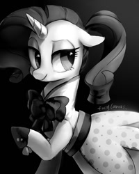 Size: 1200x1500 | Tagged: safe, artist:rocy canvas, rarity, pony, unicorn, rarity investigates, alternate hairstyle, clothes, dress, floppy ears, looking back, monochrome, raised hoof, solo