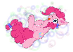 Size: 1400x1000 | Tagged: safe, artist:yooyfull, pinkie pie, earth pony, pony, belly button, chest fluff, ear fluff, fluffy, lying, on back, solo, tongue out, wink