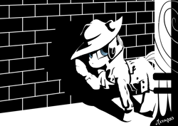 Size: 1169x826 | Tagged: safe, artist:darkhestur, rarity, pony, unicorn, clothes, detective rarity, investigating, monochrome, noir, reinterpretation, sin city, solo, suit