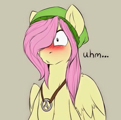 Size: 813x809 | Tagged: safe, artist:rainbowscreen, butterscotch, fluttershy, pegasus, pony, ask, ask the gaylord, blushing, hat, hippieshy, male, necklace, rule 63, stallion, tumblr