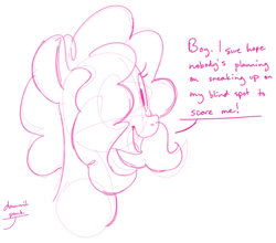 Size: 942x829 | Tagged: safe, artist:goat train, pinkie pie, earth pony, pony, alternate hairstyle, dialogue, hair over one eye, monochrome, open mouth, sketch, solo