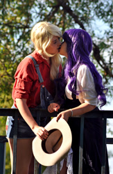 Size: 720x1104 | Tagged: safe, artist:iichan, artist:millan93, applejack, rarity, human, cosplay, female, irl, irl human, kissing, lesbian, photo, rarijack, shipping