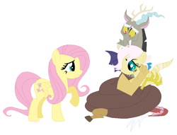 Size: 828x634 | Tagged: safe, artist:unoriginai, discord, fluttershy, oc, oc:unnatural, draconequus, hybrid, pegasus, pony, discoshy, female, holding a pony, interspecies offspring, male, offspring, parent:discord, parent:fluttershy, parents:discoshy, shipping, simple background, straight, white background