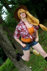 Size: 643x960 | Tagged: safe, artist:rikativity, applejack, human, boots, bucking, clothes, cosplay, cowboy hat, hat, irl, irl human, photo, shorts, solo