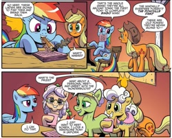 Size: 901x724 | Tagged: safe, artist:pencils, derpibooru import, idw, apple rose, applejack, auntie applesauce, goldie delicious, rainbow dash, earth pony, pegasus, pony, spoiler:comic, spoiler:comic70, comic, cropped, female, hoof hold, mare, mouth hold, official comic, pencil, speech bubble