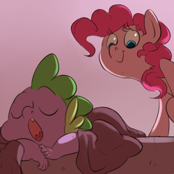 Size: 1024x1024 | Tagged: safe, artist:imsokyo, pinkie pie, spike, dragon, earth pony, pony, ask, daily sleeping spike, eyes closed, open mouth, sleeping, smiling, snoring, soon, tumblr