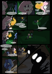 Size: 1240x1754 | Tagged: safe, artist:lunarcakez, princess celestia, princess luna, oc, oc:dusk, alicorn, pony, comic:the origins of hollow shades, comic, night, pink-mane celestia, torch, younger