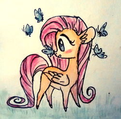 Size: 348x343 | Tagged: safe, artist:nekobite, fluttershy, butterfly, pegasus, pony, solo, traditional art, watercolor painting