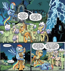 Size: 853x940 | Tagged: safe, artist:pencils, derpibooru import, idw, apple rose, applejack, auntie applesauce, goldie delicious, granny smith, rainbow dash, earth pony, pegasus, pony, spoiler:comic, spoiler:comic70, ageism, castle of the royal pony sisters, comic, cropped, female, flying, gold horseshoe gals, lightning, mare, official comic, on back, sin of pride, speech bubble, thunderstorm