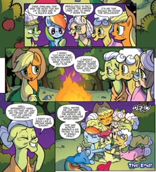 Size: 932x1025 | Tagged: safe, artist:pencils, derpibooru import, idw, apple bloom, apple rose, applejack, auntie applesauce, goldie delicious, granny smith, rainbow dash, earth pony, pegasus, pony, spoiler:comic, spoiler:comic70, blanket, campfire, comic, cropped, cute, dashabetes, female, gold horseshoe gals, implied ageism, jackabetes, mare, official comic, speech bubble, the truth hurts