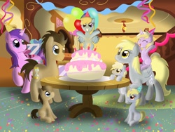 Size: 2048x1536 | Tagged: safe, artist:bratzoid, amethyst star, chirpy hooves, derpy hooves, dinky hooves, dipsy hooves, doctor whooves, sparkler, earth pony, pegasus, pony, unicorn, awwmethyst star, balloon, birthday, birthday party, cake, candle, chirpabetes, colt, confetti, cute, daaaaaaaaaaaw, dinkabetes, dizzy doo, dizzy hooves, dj whooves, doctorbetes, equestria's best family, family, female, filly, foal, food, hat, headcanon, hooves family, male, mare, party, party hat, present, stallion, streamers, sugarcube corner, sweet dreams fuel