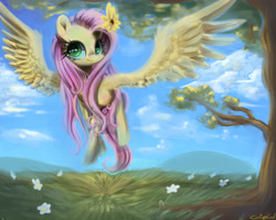 Size: 2500x2000 | Tagged: safe, artist:carligercarl, fluttershy, pegasus, pony, flower in hair, smiling, solo, spread wings