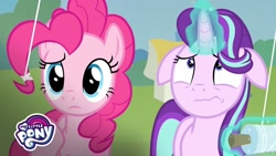 Size: 1280x720 | Tagged: safe, screencap, pinkie pie, starlight glimmer, earth pony, pony, starlight the hypnotist, spoiler:interseason shorts, confused, duo, floppy ears, glowing horn, kite, my little pony logo, youtube thumbnail