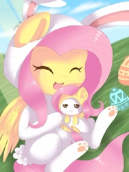 Size: 768x1024 | Tagged: safe, artist:xangelheartx, angel bunny, fluttershy, pegasus, pony, :3, :t, bunny costume, bunnyshy, clothes, costume, cute, duo, easter, easter egg, eyes closed, fluttershy suit, hilarious in hindsight, open mouth, paw gloves, paw prints, pony costume, shyabetes, solo