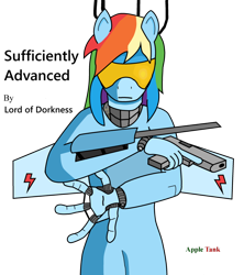 Size: 842x950 | Tagged: safe, artist:appletank, derpibooru import, rainbow dash, cyborg, human, pony, fanfic:sufficiently advanced, 1000 hours in ms paint, augmented, badass, bipedal, cover art, gun, handgun, ms paint, phylactery, rainbot dash, signature, simple background, solo, text, transparent background