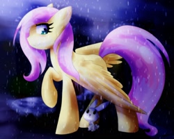 Size: 2500x2000 | Tagged: safe, artist:usagiixd, angel bunny, fluttershy, pegasus, pony, rain, solo