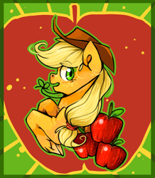 Size: 700x804 | Tagged: safe, artist:xenon, applejack, earth pony, pony, apple, frame, solo, unshorn fetlocks