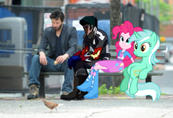 Size: 641x439 | Tagged: safe, lyra heartstrings, pinkie pie, chicken, equestria girls, balloon, boots, bracelet, clothes, emo dandy, high heel boots, jewelry, keanu reeves, random, sad keanu, sitting, skirt, space dandy