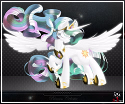 Size: 3600x3000 | Tagged: safe, artist:brodogz, princess celestia, alicorn, pony, crown, female, horn, mare, multicolored mane, multicolored tail, solo, white coat, white wings, wings