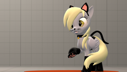 Size: 1024x576 | Tagged: safe, artist:violetdesignstudios, derpy hooves, pony, 3d, animal costume, bell, bell collar, cat bell, cat costume, cat ears, clothes, collar, costume, fake tail, raised hoof, solo