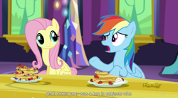 Size: 1279x713 | Tagged: safe, derpibooru import, screencap, fluttershy, rainbow dash, pegasus, pony, castle sweet castle, meme, youtube caption