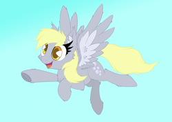 Size: 2000x1414 | Tagged: safe, artist:bigshot232, derpibooru exclusive, derpy hooves, pony, cheek fluff, chest fluff, ear fluff, fluffy, flying, happy, simple background, smiling, solo, underhoof