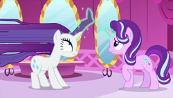 Size: 1280x720 | Tagged: safe, screencap, rarity, starlight glimmer, pony, unicorn, rarity's biggest fan, spoiler:interseason shorts, duo, female, magic, magic aura, mare, raised hoof, telekinesis