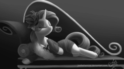 Size: 2560x1440 | Tagged: safe, artist:joellethenose, rarity, pony, unicorn, rarity investigates, clothes, draw me like one of your french girls, dress, eyes closed, fainting couch, female, mare, monochrome, signature, smiling, sofa, solo