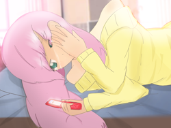 Size: 2048x1536 | Tagged: safe, artist:orz1515, fluttershy, human, bed, bedroom, cellphone, clothes, crying, humanized, lying, off shoulder, on side, phone, sad, sweater, sweatershy