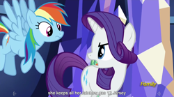 Size: 1280x712 | Tagged: safe, derpibooru import, screencap, rainbow dash, rarity, pegasus, pony, unicorn, castle sweet castle, meme, youtube caption