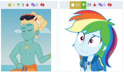 Size: 719x418 | Tagged: safe, artist:sketchmcreations, derpibooru import, rainbow dash, zephyr breeze, better together, blue crushed, equestria girls, rollercoaster of friendship, clothes, derpibooru, eyes closed, female, geode of super speed, juxtaposition, magical geodes, male, meta, nervous, partial nudity, smiling, sunglasses, sweat, sweatdrop, topless