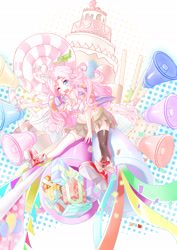 Size: 2480x3507 | Tagged: safe, artist:gyakko, pinkie pie, human, cake, humanized, lollipop, party cannon, pixiv, solo