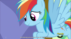 Size: 1283x714 | Tagged: safe, derpibooru import, screencap, rainbow dash, pegasus, pony, castle sweet castle, meme, youtube caption