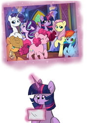 Size: 2063x2908 | Tagged: safe, artist:evergreen-gemdust, applejack, fluttershy, pinkie pie, rainbow dash, rarity, starlight glimmer, twilight sparkle, twilight sparkle (alicorn), alicorn, earth pony, pegasus, pony, unicorn, crying, female, mane six, mare, smiling, tears of joy, teary eyes