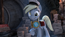 Size: 2560x1440 | Tagged: safe, artist:redaceofspades, derpy hooves, pony, 3d, cavern, goggles, hat, mailbag, mailbox, mailmare, poster, raised hoof, sign, solo, source filmmaker, stack