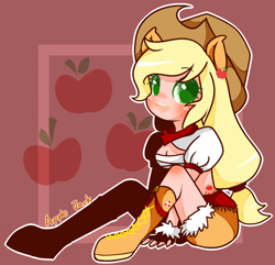 Size: 1000x962 | Tagged: safe, artist:nm, applejack, human, eared humanization, humanized, pixiv, sitting, solo