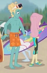 Size: 280x435 | Tagged: safe, derpibooru import, screencap, fluttershy, rainbow dash, zephyr breeze, better together, blue crushed, equestria girls, animation error, awkward, barefoot, brother and sister, clothes, cropped, feet, female, male, male feet, out of context, partial nudity, shorts, siblings, sunglasses, surfboard, swimming trunks, swimsuit, topless, wetsuit