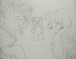 Size: 1280x999 | Tagged: safe, artist:ljdamz1119, starlight glimmer, sunburst, pony, unicorn, blushing, eyes closed, female, glowing horn, male, mare, monochrome, raised hoof, sketch, stallion, teddy bear, time for two, traditional art