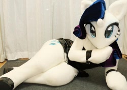 Size: 1024x723 | Tagged: dead source, safe, artist:girlieginger, rarity, human, bracelet, clothes, cosplay, costume, dem thighs, fursuit, irl, irl human, jacket, on side, photo, solo, wide hips