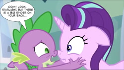 Size: 960x540 | Tagged: safe, edit, edited screencap, screencap, spike, starlight glimmer, dragon, pony, unicorn, the crystalling, dialogue, fear, out of context, scrunchy face, this will not end well, word balloon