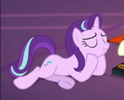 Size: 689x554 | Tagged: safe, screencap, starlight glimmer, pony, unicorn, uncommon bond, cropped, eyes closed, female, hooves on cheeks, lying down, mare, smiling