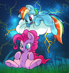 Size: 572x600 | Tagged: safe, artist:dfectivedvice, artist:firebird145, derpibooru import, pinkie pie, rainbow dash, earth pony, pegasus, pony, belly button, cloud, thunder, underhoof