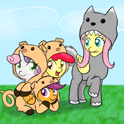 Size: 1000x1000 | Tagged: safe, artist:empyu, apple bloom, fluttershy, scootaloo, sweetie belle, pegasus, pony, animal costume, clothes, costume, cutie mark crusaders, pig costume, wolf costume