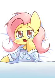 Size: 731x1029 | Tagged: safe, artist:joycall6, fluttershy, pegasus, pony, blushing, clothes, crying, messy mane, pajamas, solo