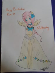 Size: 720x960 | Tagged: safe, artist:bourbonstjester, fluttershy, human, clothes, dress, gala dress, humanized, solo, traditional art